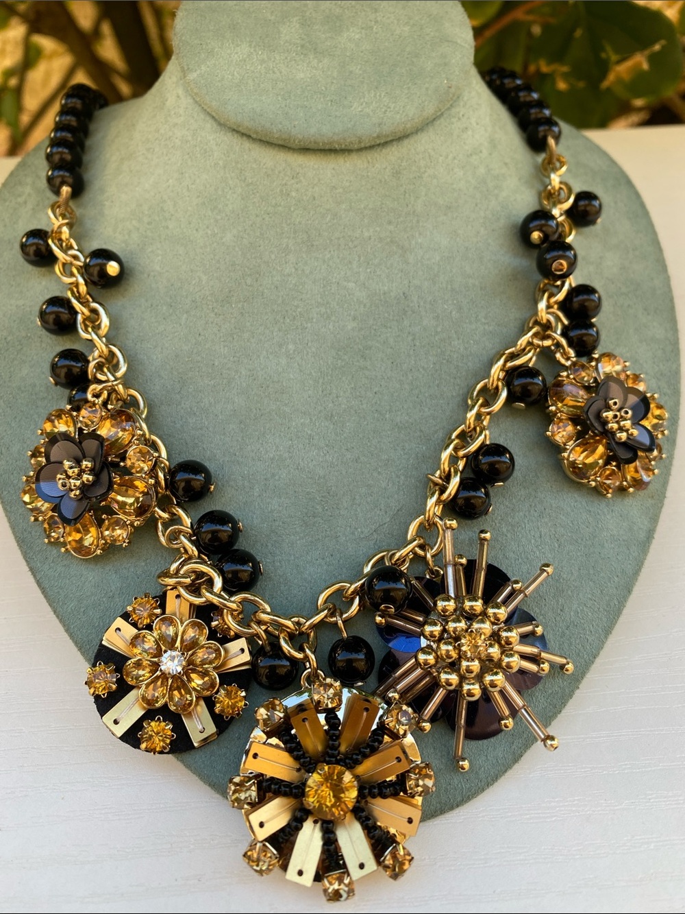 Gold toned and Black Floral Statement Necklace - Women Jewelry